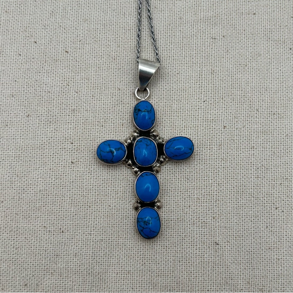 Vintage Mark Wasserman Samara MWS Sterling Silver Cross Necklace with Blue Stone